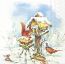 Serviette Vogelhäuschen im Schnee, Eichhörnchen